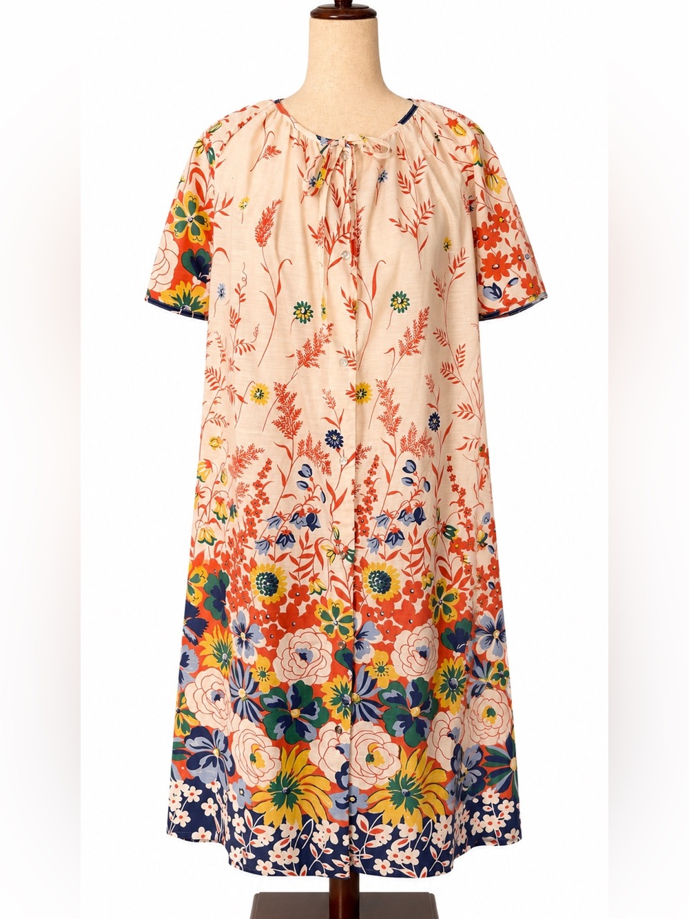 Vintage Floral red Boho Cotton house Dress- M